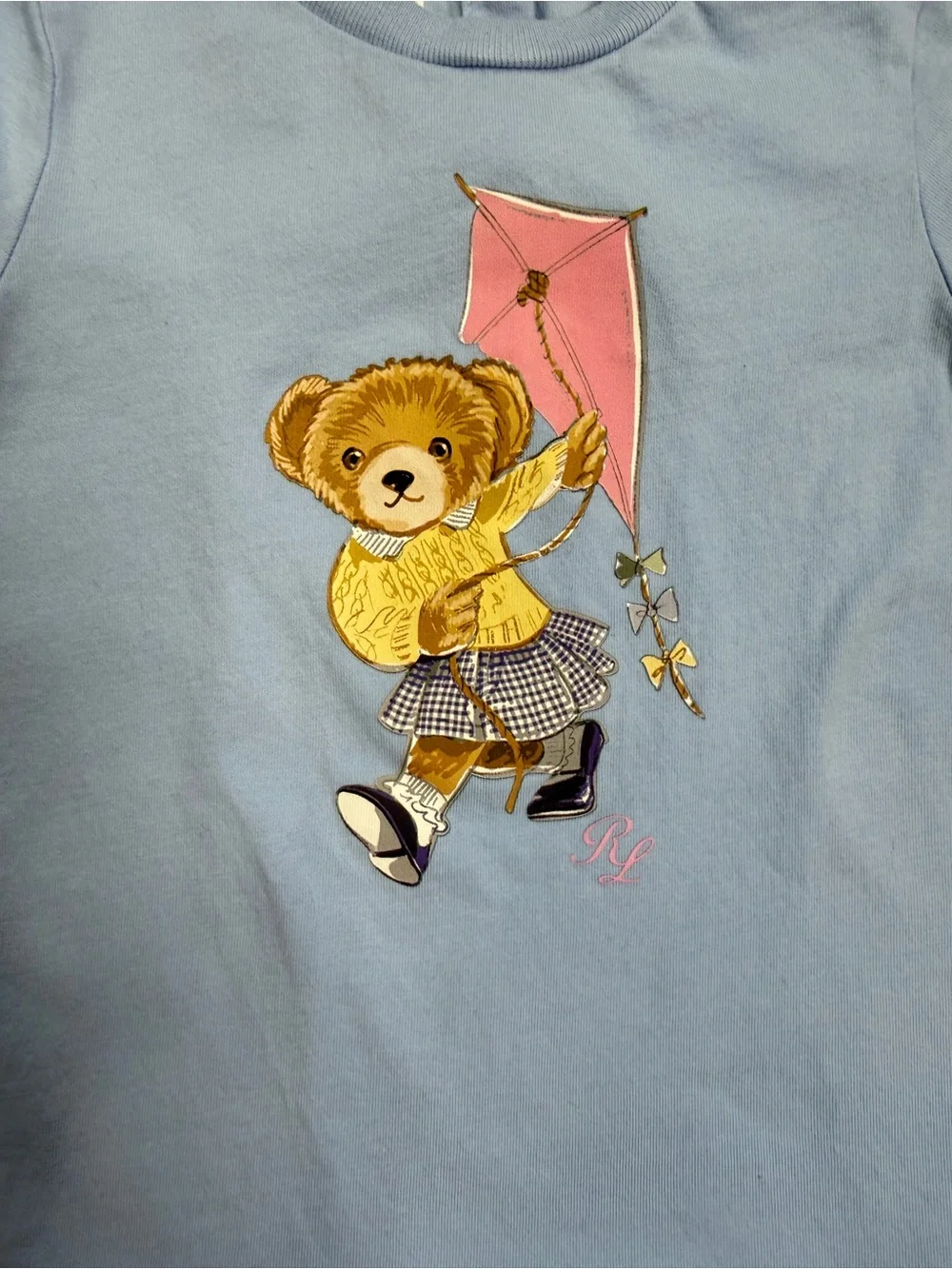 Ralph Lauren Baby Girl Light Blue Polo Bear Kite Cotton Jersey Dress w/Bloomers